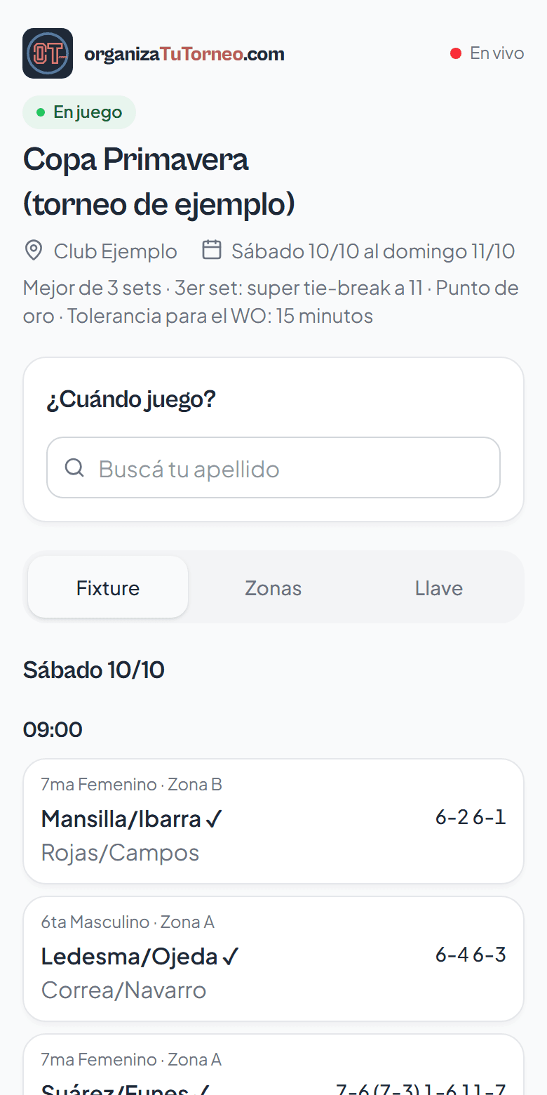 Página de un torneo en vivo vista desde el celular